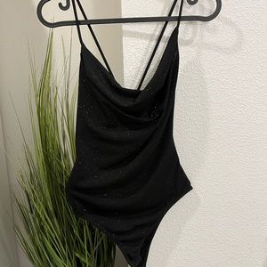 Black Shimmery Cowl Neck Bodysuit